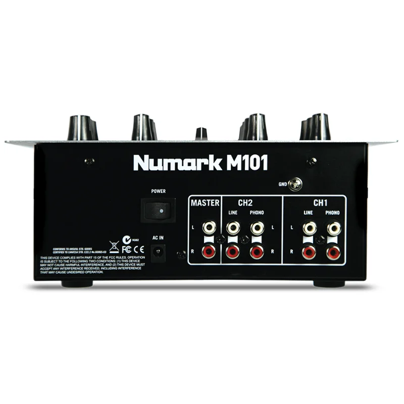 Mesa de mezclas dj Numark M101 en color negro para scratch vista del panel trasero de conexiones