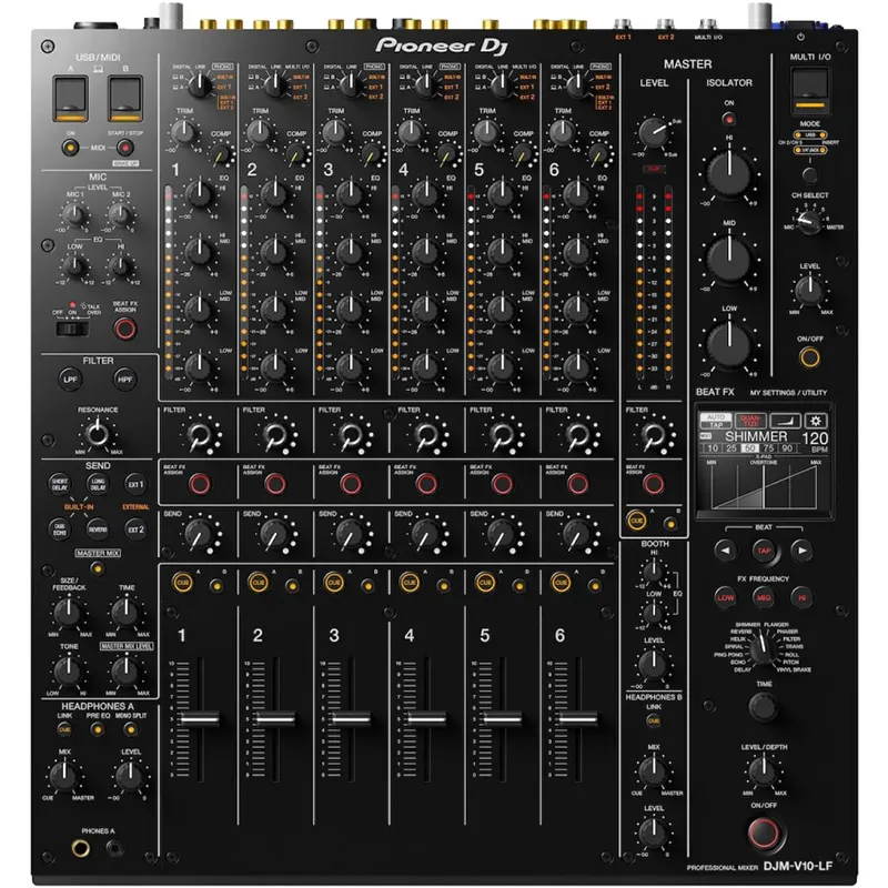 Mesa de mezclas Pioneer DJ DJM-V10-LF de 6 canales vista cenital completa