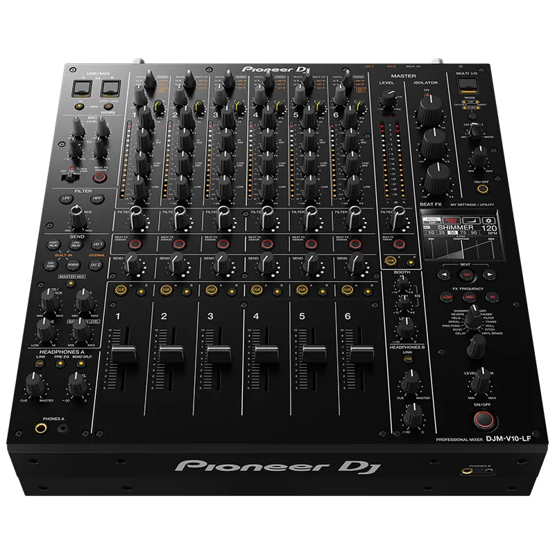 Mesa de mezclas Pioneer DJ DJM-V10-LF de 6 canales vista cenital inclinada completa