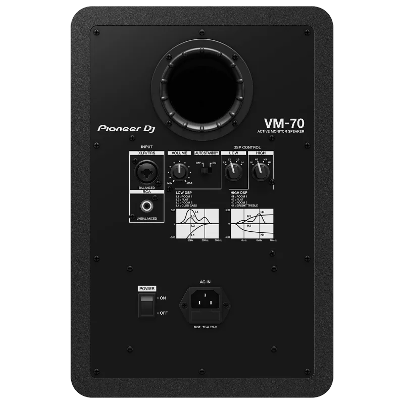 Monitor Activo Pioneer DJ VM-70 vista trasera conexiones y controles amplificador color negro