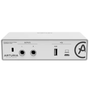 Interfaz de audio Arturia Minifuse 1 vista parte trasera de conexiones de una unidad en color blanco