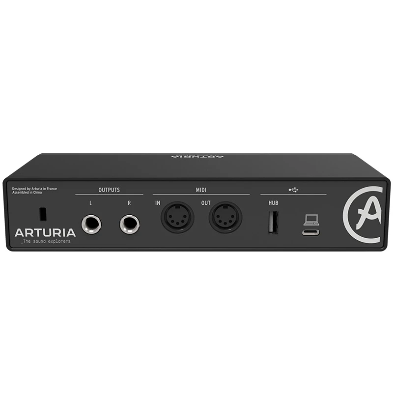 Interfaz de audio Arturia Minifuse 2 vista parte trasera de conexiones de una unidad en color negro