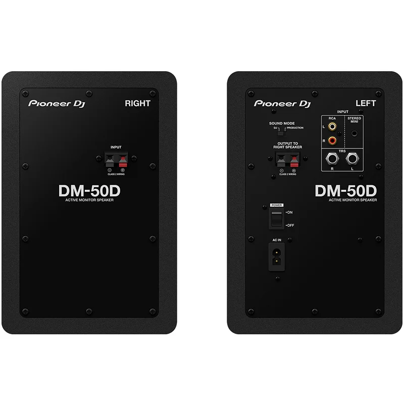 Monitores de estudio activos Pioneer DJ DM-50D vista pareja parte trasera conexiones color negro