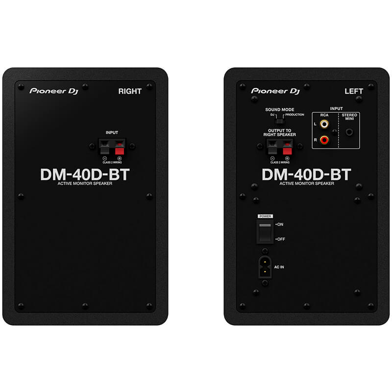 Monitores de estudio activos Pioneer DJ DM-40D-BT vista pareja parte trasera conexiones color negro
