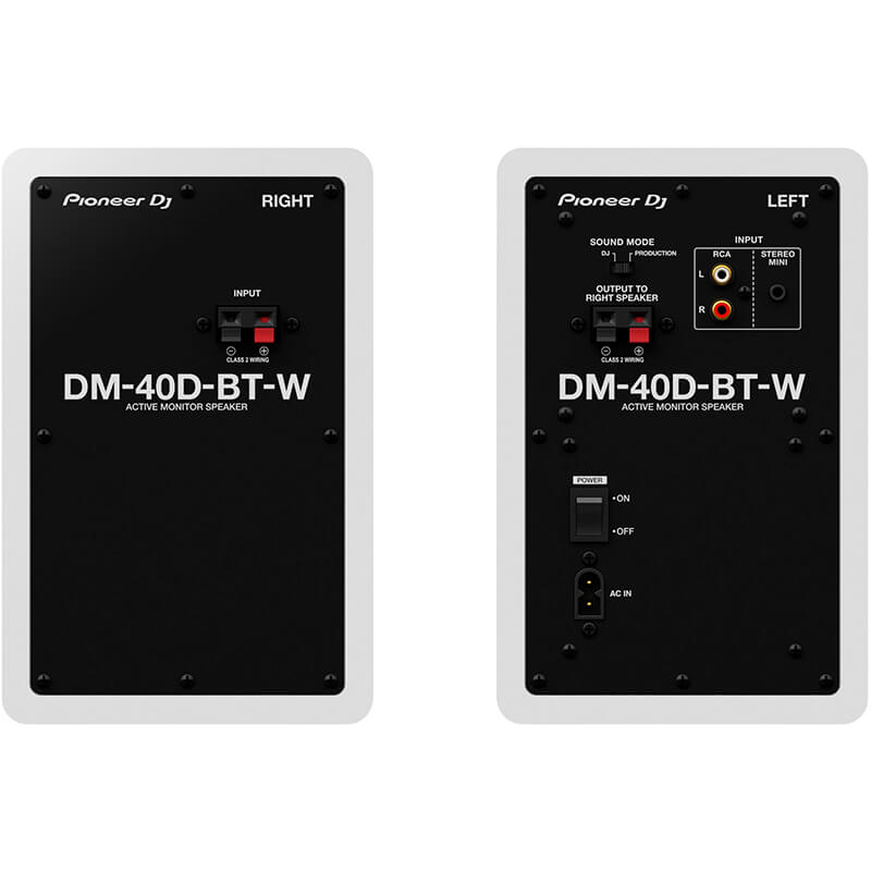 Monitores de estudio activos Pioneer DJ DM-40D-BT vista pareja parte trasera conexiones color blanco