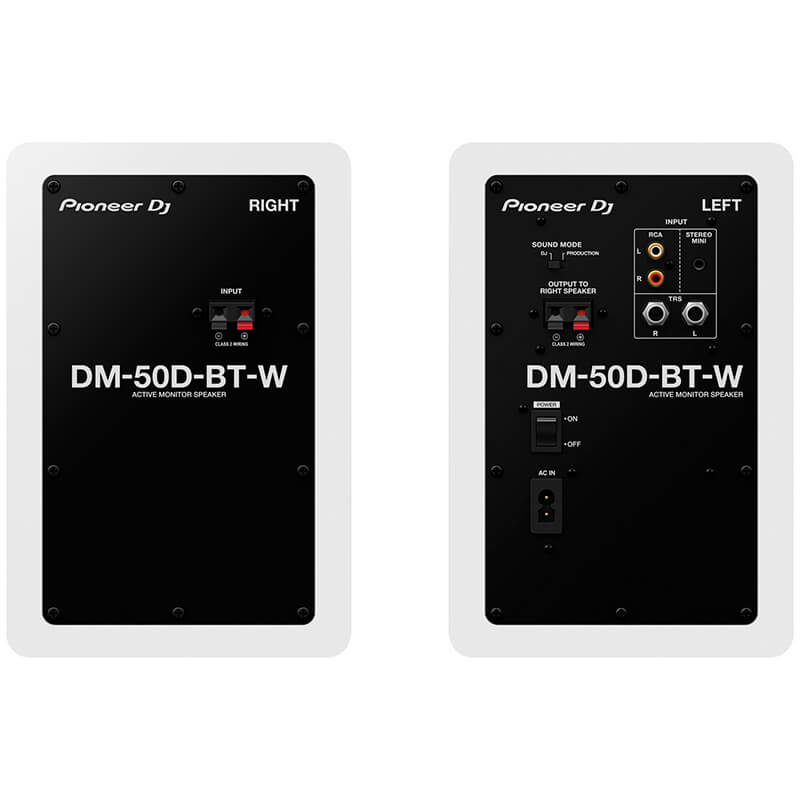 Monitores de estudio activos Pioneer DJ DM-50D-BT vista pareja parte trasera conexiones color blanco