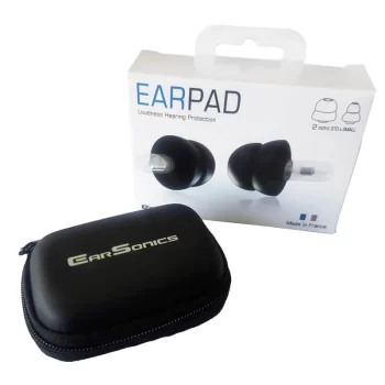 Protector auditivo ear pad Earsonics vista del embalaje y bolsa protectora de los ear pad