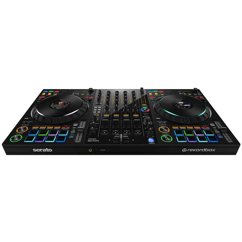 Controlador DJ PIoneer DJ DDJ-FLX10 vista cenital inclinada frontal completa en color negro