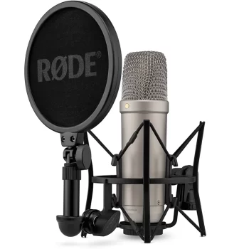 Rode NT1 5th Generation color silver micrófono de condensador cardioide 1 vista frontal con accesorios