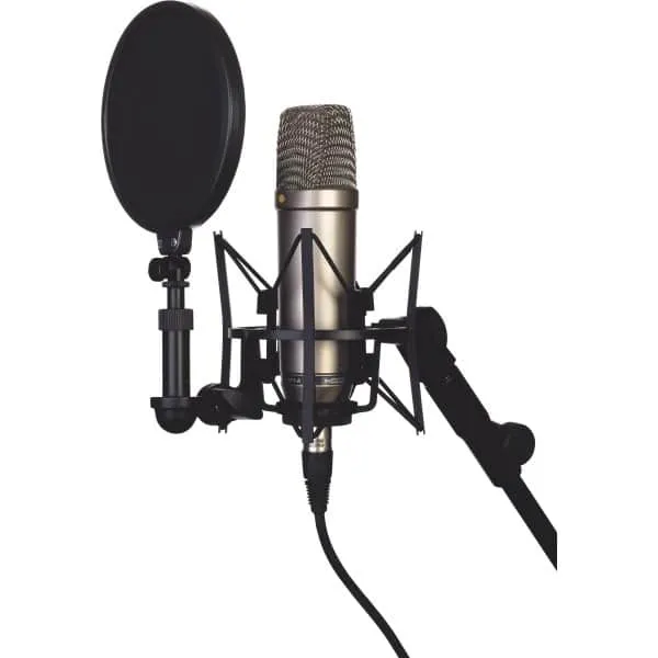Micrófono de condensador Rode NT1-A vista del micrófono con el soporte anti golpes tipo araña y el pop filter