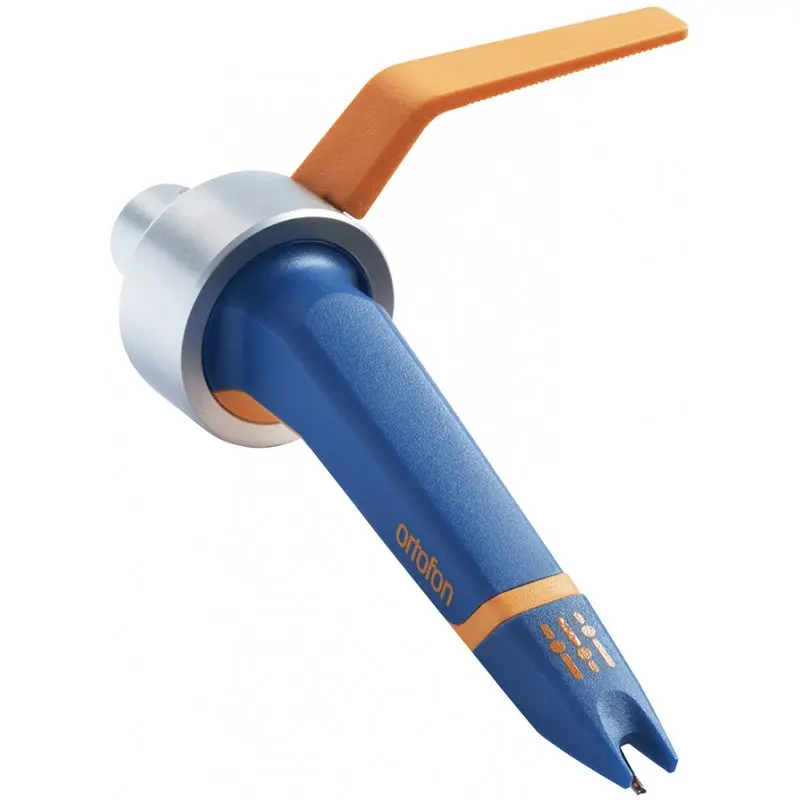 Cápsula Ortofon MKII DJ en color azul y naranja vista lateral izquierda