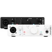 Interfaz de audio Arturia Minifuse 1 vista frontal de dos unidades. Una en color blanco y otra en color negro
