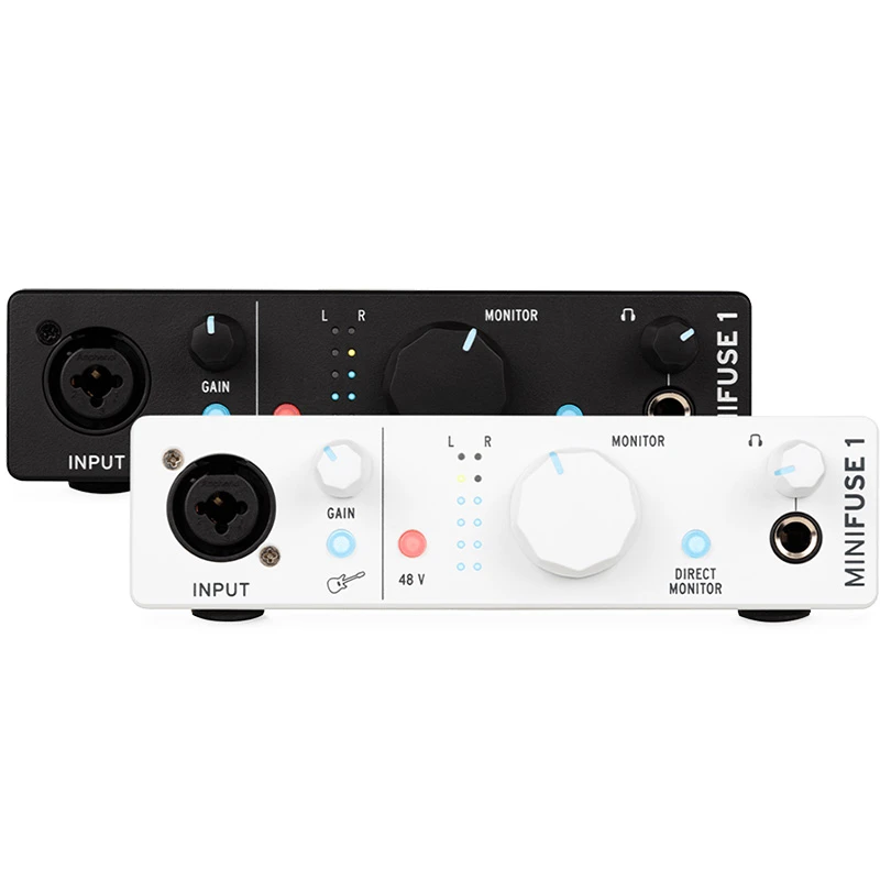 Interfaz de audio Arturia Minifuse 1 vista frontal de dos unidades. Una en color blanco y otra en color negro