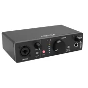 Interfaz de audio Arturia Minifuse 1 vista frontal lateral de una unidad en color negro