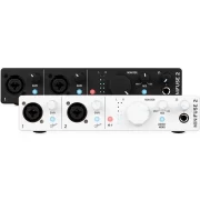 Interfaz de audio Arturia Minifuse 2 vista frontal de dos unidades. Una en color blanco y otra en color negro