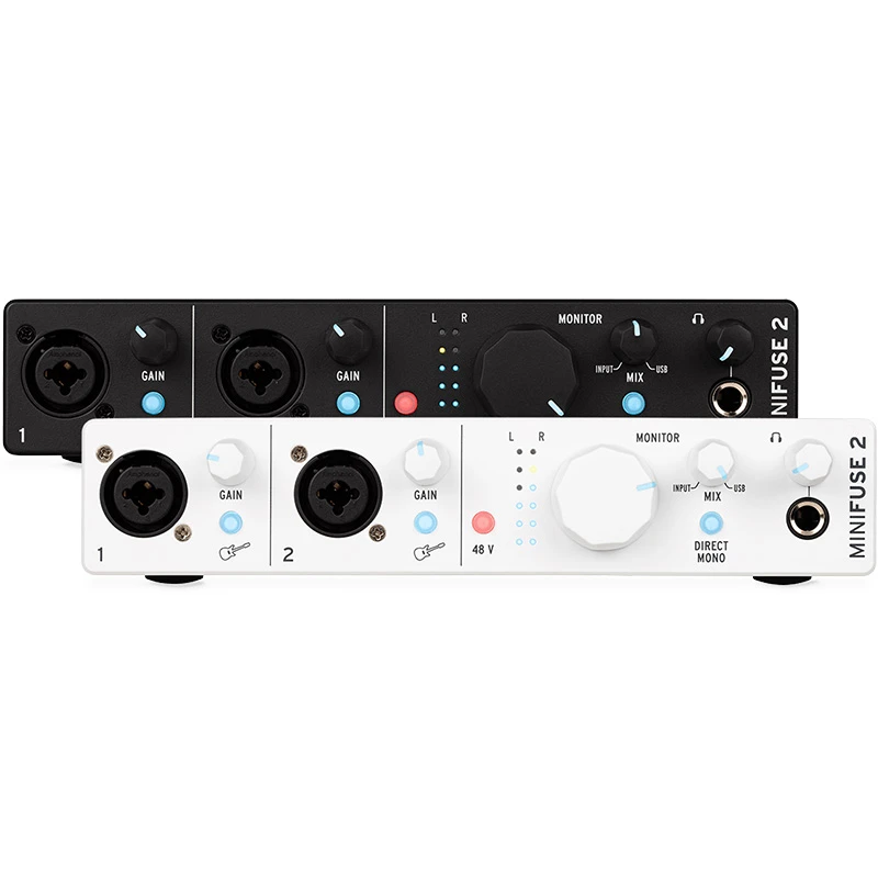Interfaz de audio Arturia Minifuse 2 vista frontal de dos unidades. Una en color blanco y otra en color negro