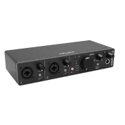 Interfaz de audio Arturia Minifuse 2 vista frontal lateral de una unidad en color negro