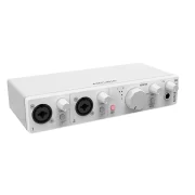 Interfaz de audio Arturia Minifuse 2 vista frontal lateral de una unidad en color blanco
