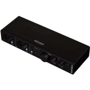 Interfaz de audio Arturia Minifuse 4 vista frontal lateral de una unidad en color negro