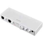 Interfaz de audio Arturia Minifuse 4 vista frontal lateral de una unidad en color blanco