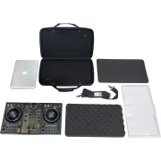 Maleta transporte para DJ en EVA modelo W-MCB- DDJ400FLX4 para protección y transporte de controladores DJ midi vista abierta en medio de un conjunto de accesorios que puede transportar como un portátil, cables, etc.