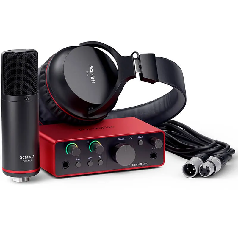 Pack de estudio Focusrite Scarlett SOLO STUDIO 4TH GEN Vista pack completo formado por: Con interfaz de audio USB Scarlett Solo de 4.ª generación, cable de USB-A a USB-C, micrófono de condensador CM25 MkIII, cable XLR de 3 metros y auriculares SH-450