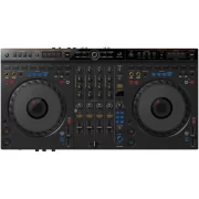 Vista cenital del controlador DJ AlphaTheta DDJ-GRV6, mostrando dos jog wheels grandes a ambos lados, controles de mezcla y ecualización en el centro, junto a múltiples botones de efectos y reproducción en la parte superior.