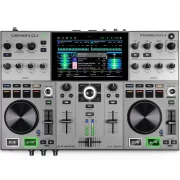 Vista superior del controlador DJ Denon DJ PRIME GO con pantalla táctil y controles para mezclas y efectos.