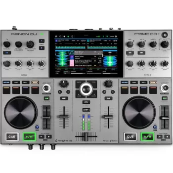Vista superior del controlador DJ Denon DJ PRIME GO con pantalla táctil y controles para mezclas y efectos.