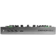 Vista de las conexiones frontales del controlador DJ Denon DJ PRIME GO, incluyendo salidas para auriculares y controles de mezcla.