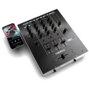 Mezclador DJ RELOOP RMX-30 BT vista cenital en ángulo junto a un smartphone conectado por bluetooth