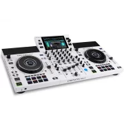 Controlador DJ DENON DJ SC-LIVE-4 en color blanco vista semi cenital lateral.