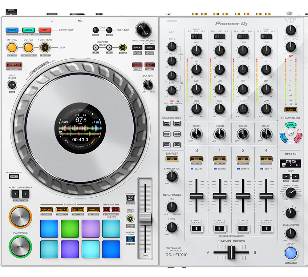 Vista cenital del controlador DJ Pioneer DDJ-FLX10 en color blanco, mostrando jog wheels, pads iluminados, faders, ecualizadores y botones de efectos para mezcla profesional.