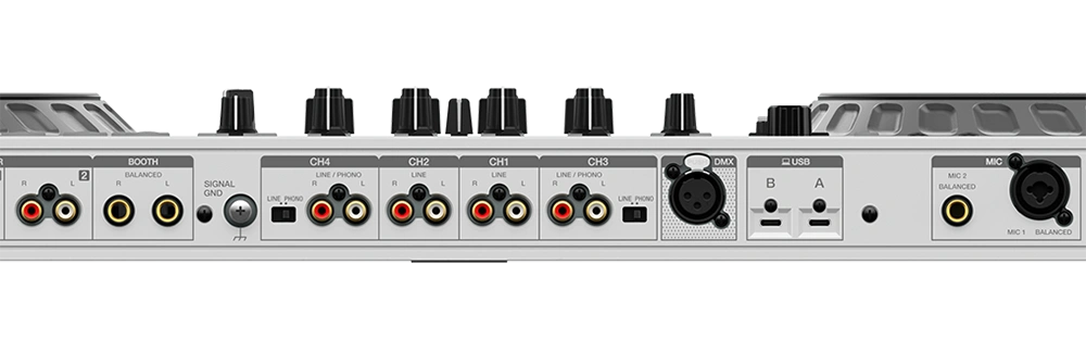 Panel trasero de conexiones del controlador DJ Pioneer DDJ-FLX10 con entradas y salidas RCA, XLR, USB, DMX y controles de ganancia para micrófono y canales.