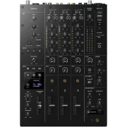 Mesa de mezclas DJ AlphaTheta DJM-V5 vista cenital con controles de ecualización, faders de canal, sección de efectos y diseño profesional negro.