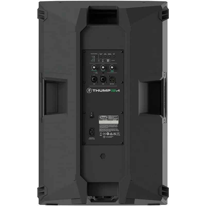 anel posterior del Mackie Thump 15v4 detallando los controles de ganancia, entradas balanceadas, selector de modos de ecualización y el interruptor de encendido general.