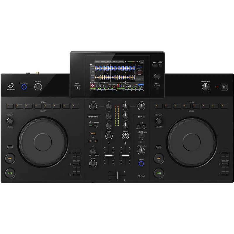 Vista superior de la AlphaTheta XDJ-AZ, controlador DJ autónomo de cuatro canales con pantalla táctil central, jog wheels y mezclador integrado.