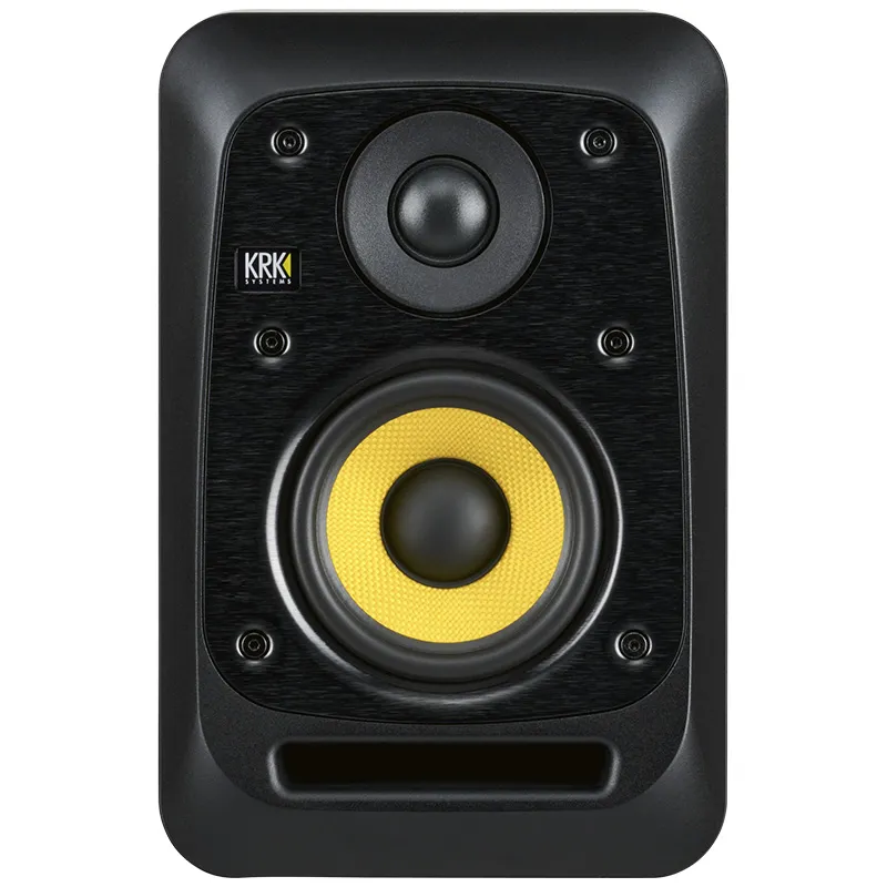 Vista frontal del monitor de estudio activo KRK V4 Series 5, mostrando el característico woofer amarillo de kevlar, tweeter de cúpula y puerto bass reflex inferior.