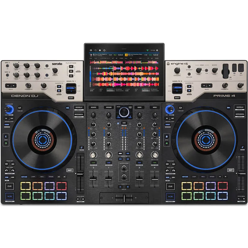 Vista cenital del sistema DJ autónomo Denon DJ Prime 4 Plus con pantalla táctil inclinable, mezclador central de cuatro canales, jogs iluminados y pads RGB multifunción.